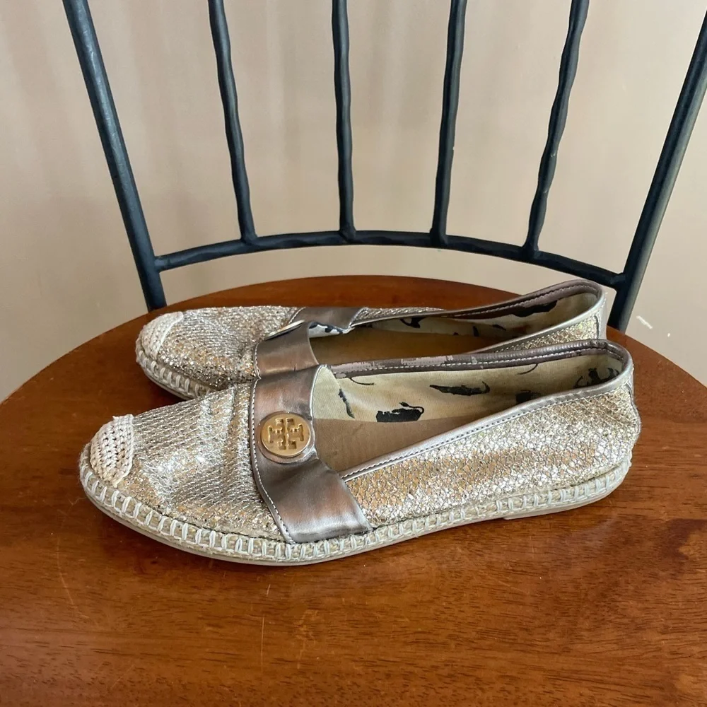 Tory Burch Seaside Glitter Espadrille Flats in Gold‎ Size 5.5 or 36